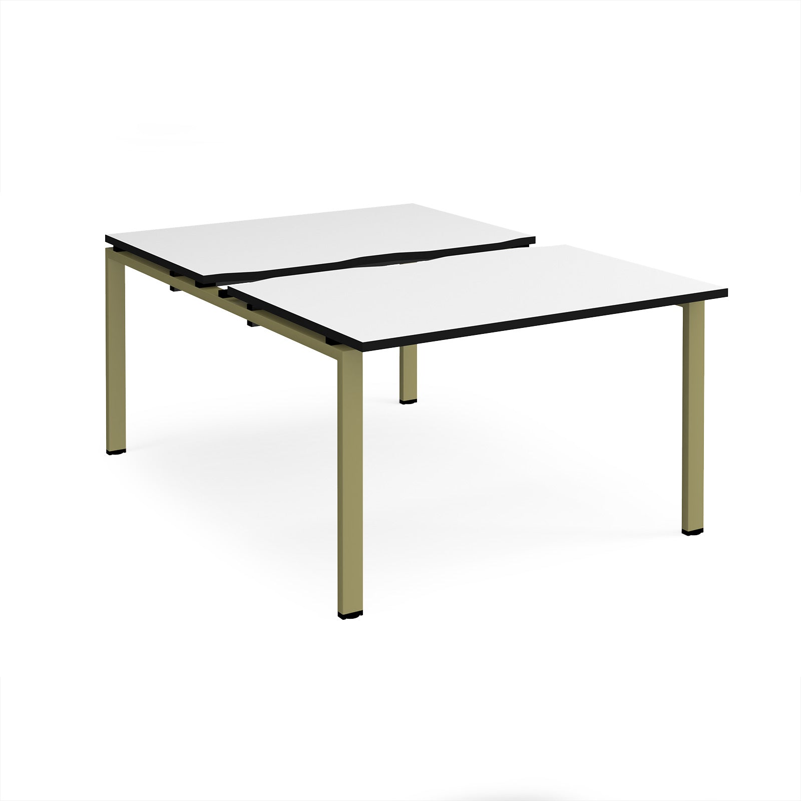 Large modular bench desk with white panels and black edging, integrated cable access cut-outs, and green metal legs, shown on a white background.