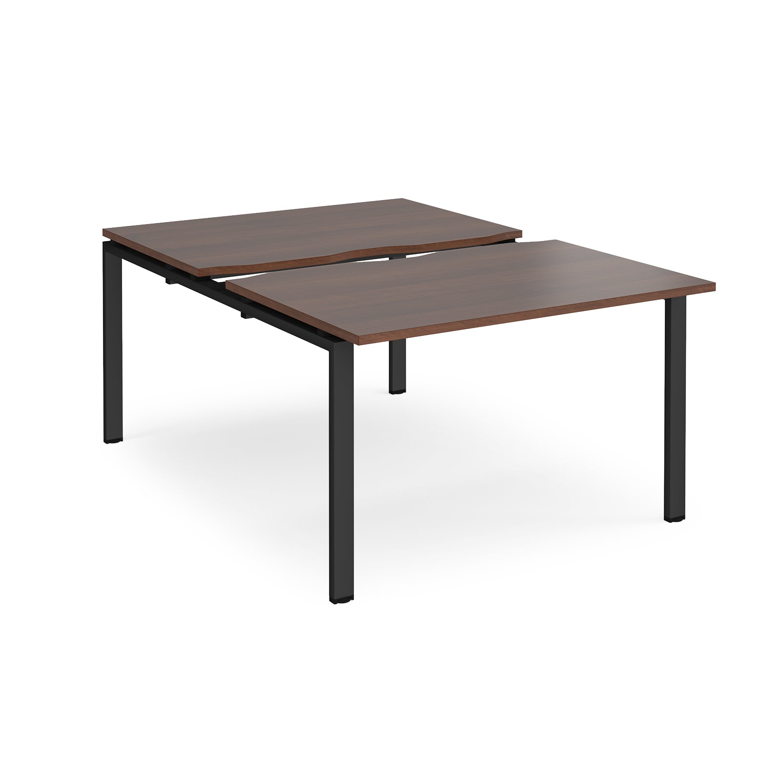 Large modular bench desk with a dark wood-effect top, integrated cable access cut-out, and black metal legs, shown on a white background.