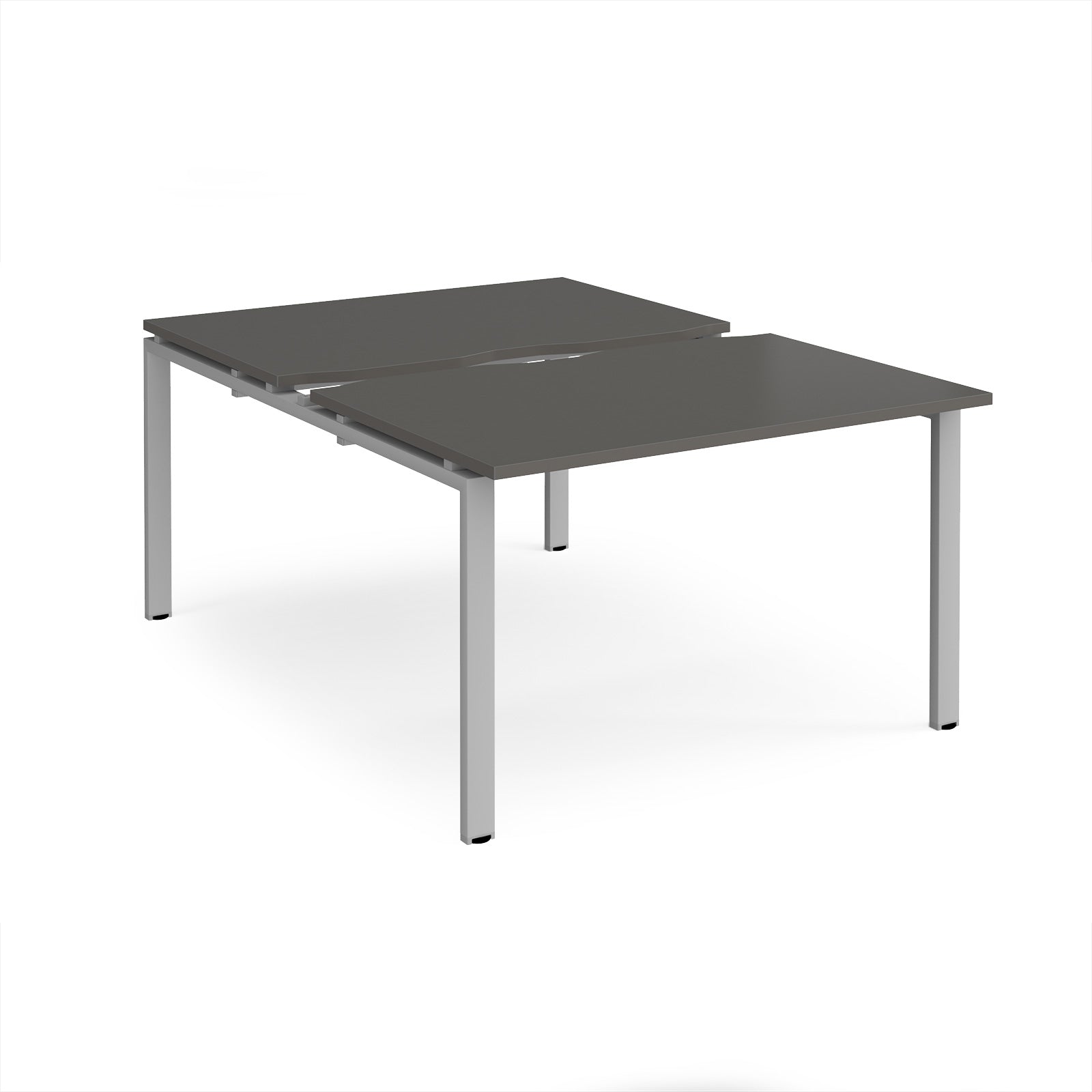 Large modular bench desk with a grey top, integrated cable access cut-out, and silver metal legs, shown on a white background.