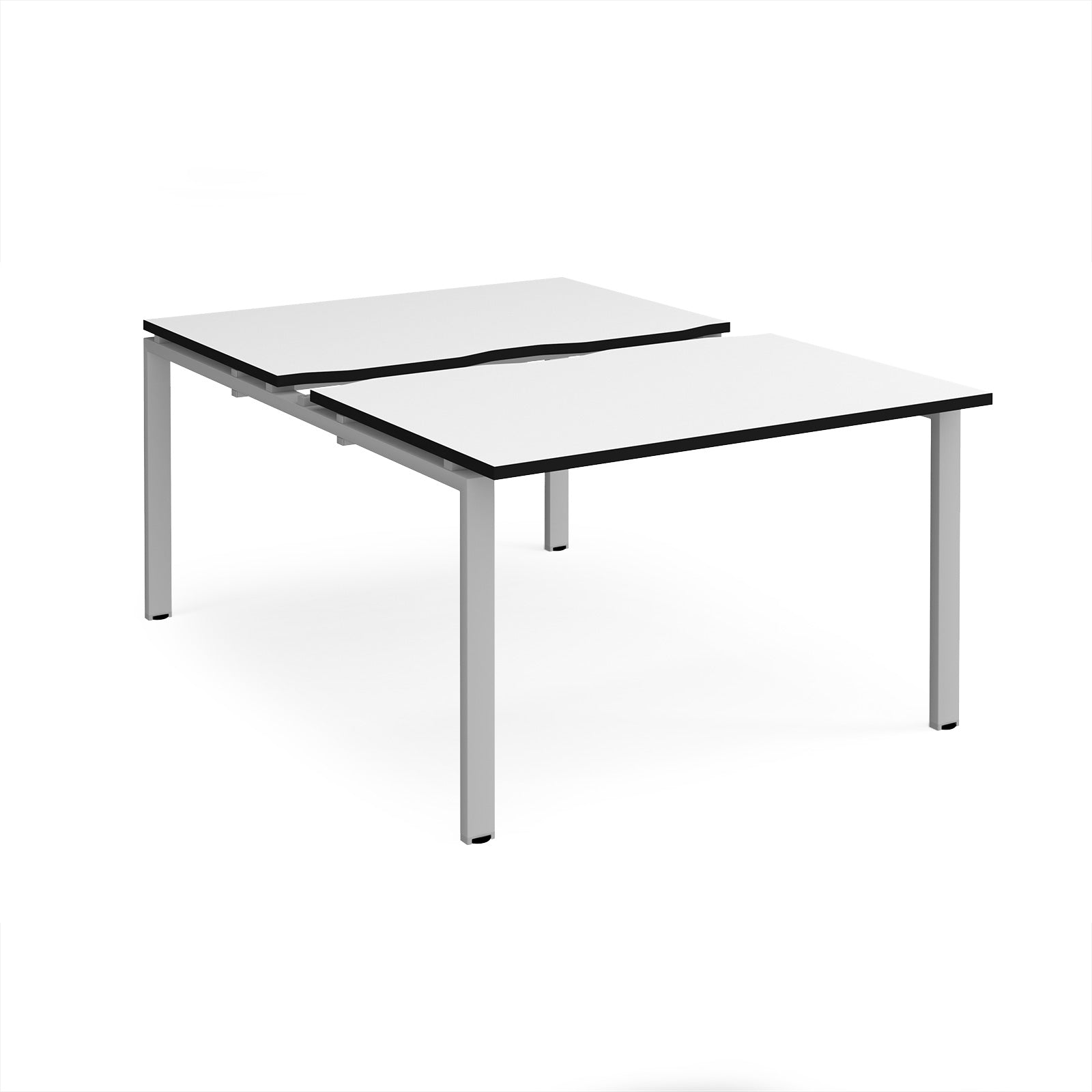 Large modular bench desk with a white worktop, contrasting black edge detail, integrated cable access cut-outs, and silver metal legs, shown on a white background.