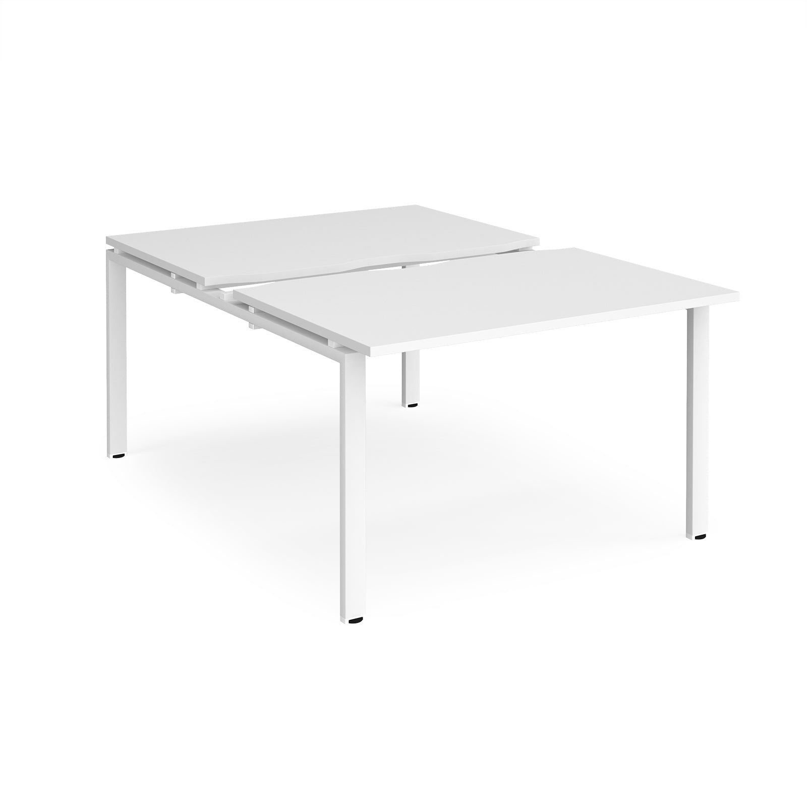 Large modular bench desk with a white top, integrated cable access cut-out, and white metal legs, shown on a white background.