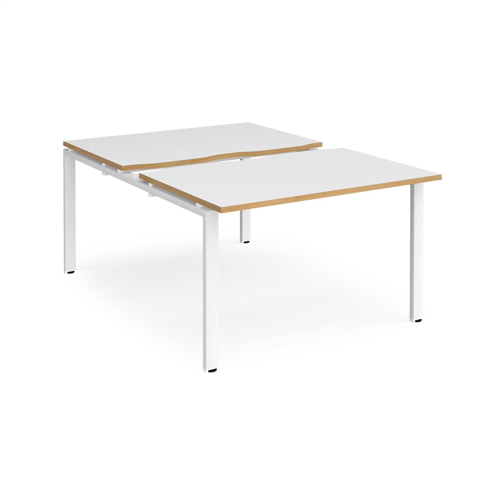 Large modular bench desk with white panels and wood-effect edging, integrated cable access cut-outs, and white metal legs, shown on a white background.