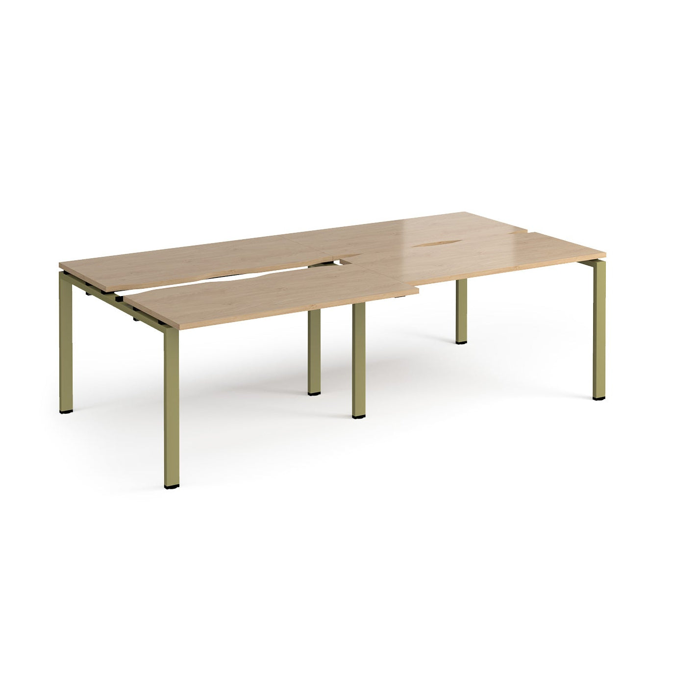 Large modular bench desk with a light oak wood-effect top, integrated cable access cut-outs, and green metal legs, shown on a white background.