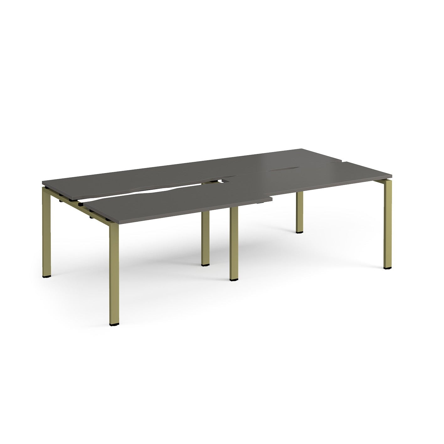 Large modular bench desk with a grey top, integrated cable access cut-outs, and green metal legs, shown on a white background.