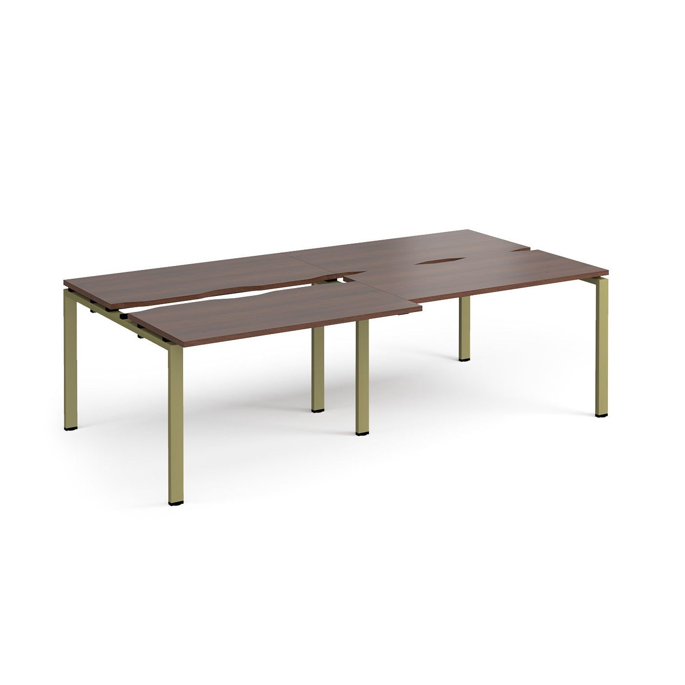 Large modular bench desk with a dark wood-effect top, integrated cable access cut-outs, and green metal legs, shown on a white background.