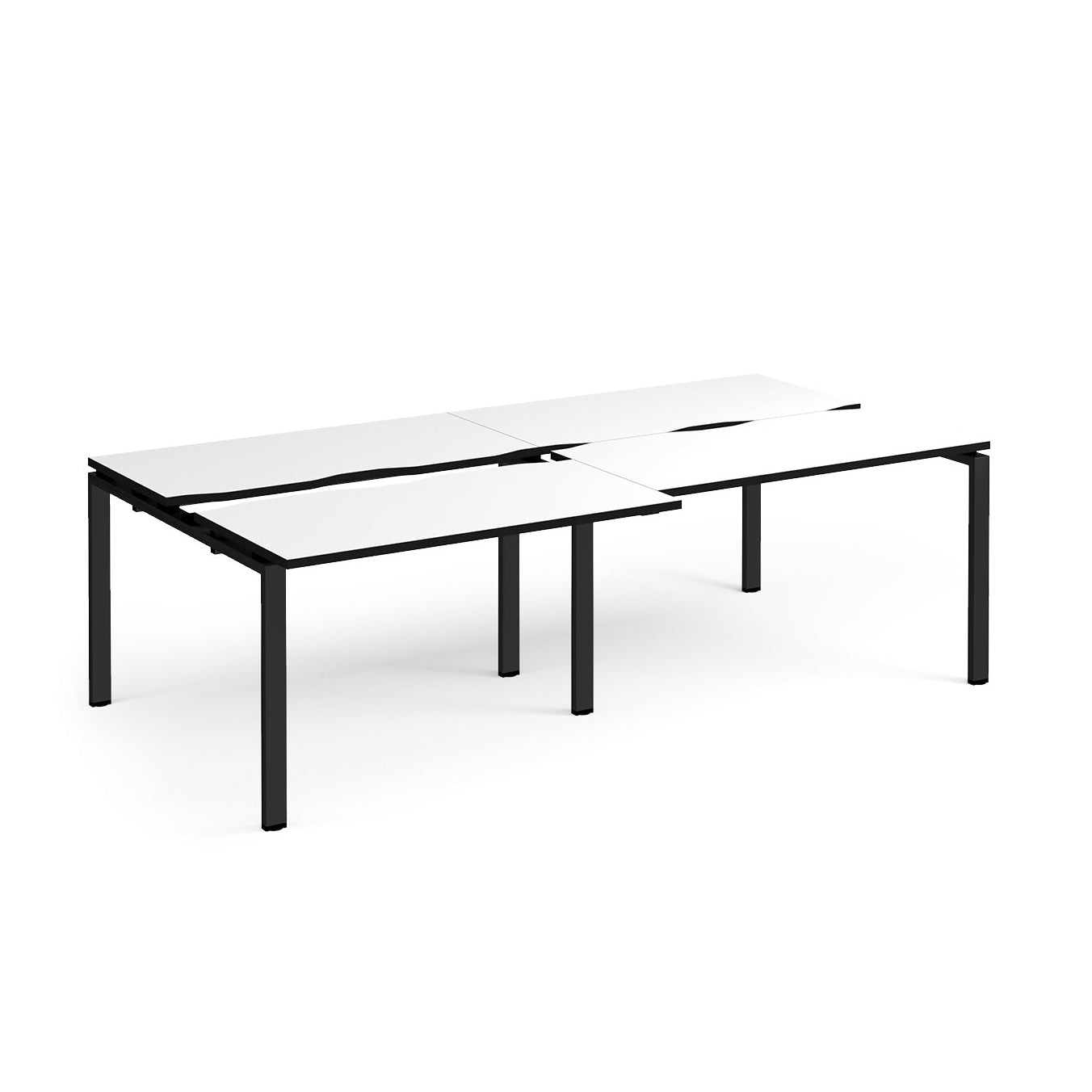 Large modular bench desk with a white worktop, contrasting black edge detail, integrated cable access cut-outs, and black metal legs, shown on a white background.
