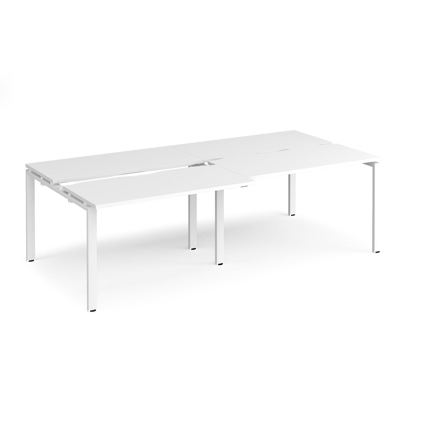 Large modular bench desk with a white worktop, integrated cable access cut-outs, and white metal legs, shown on a white background.