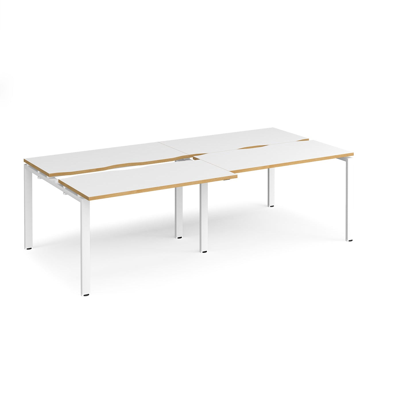 Large modular bench desk with white panels and wood-effect edging, integrated cable access cut-outs, and white metal legs, shown on a white background.