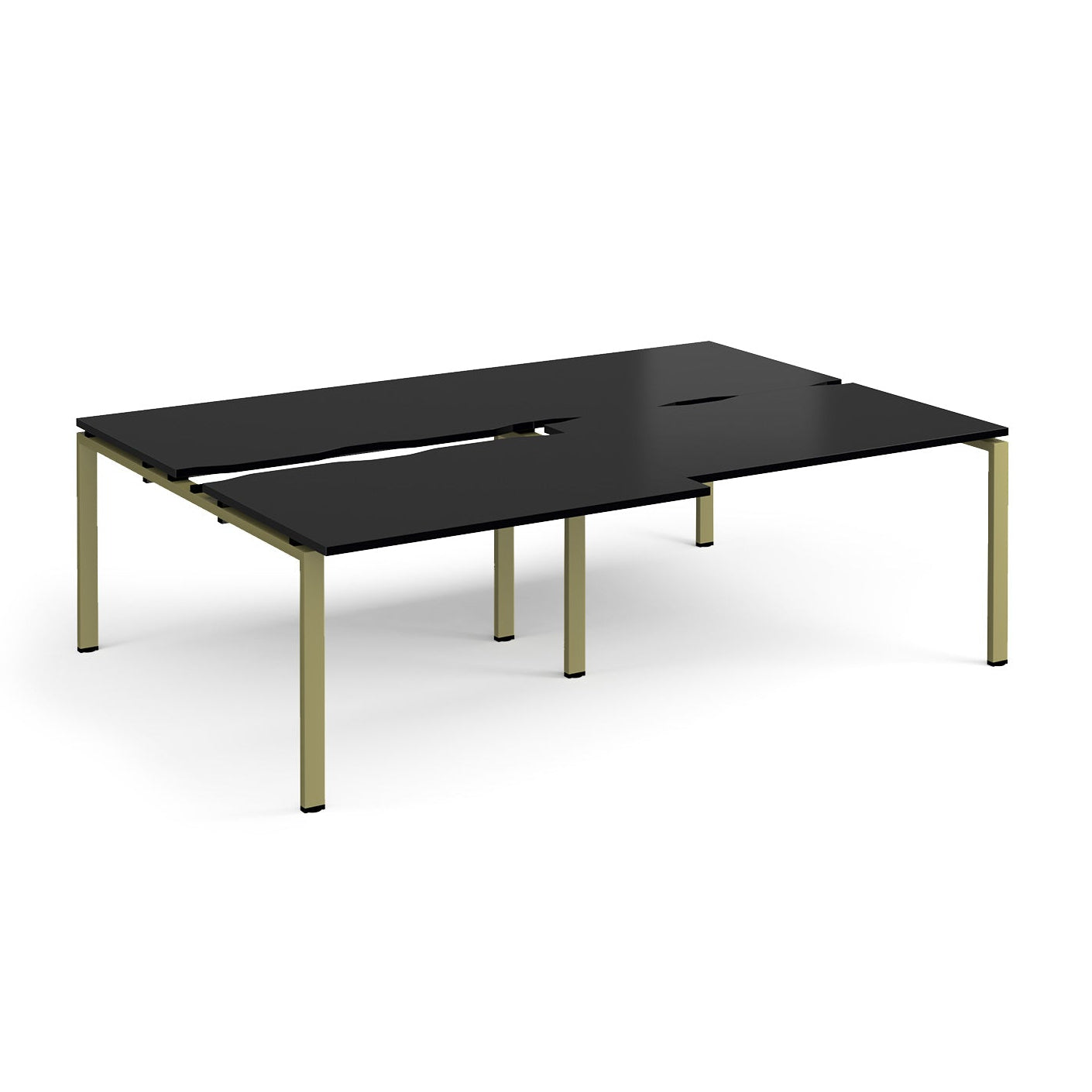 Large modular bench desk with a black worktop, integrated cable access cut-outs, and green metal legs, shown on a white background.