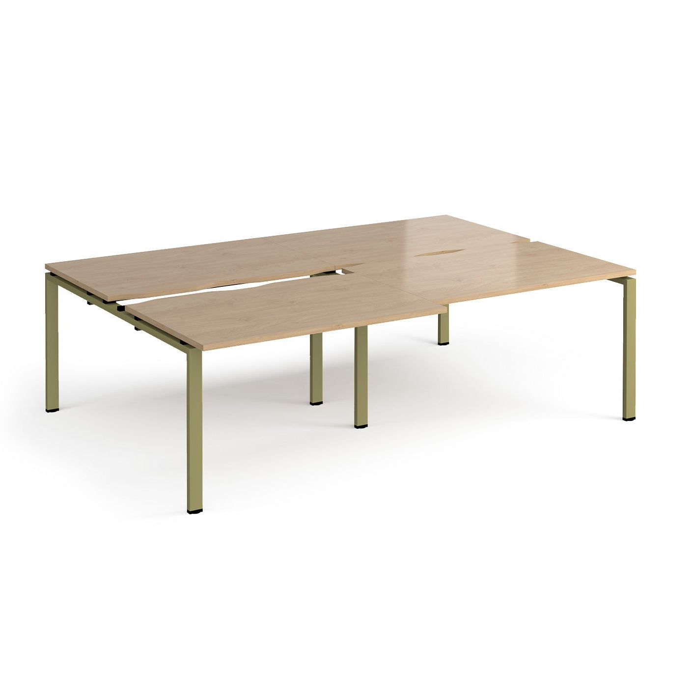 Large modular bench desk with a light wood-effect top, integrated cable access cut-outs, and green metal legs, shown on a white background.