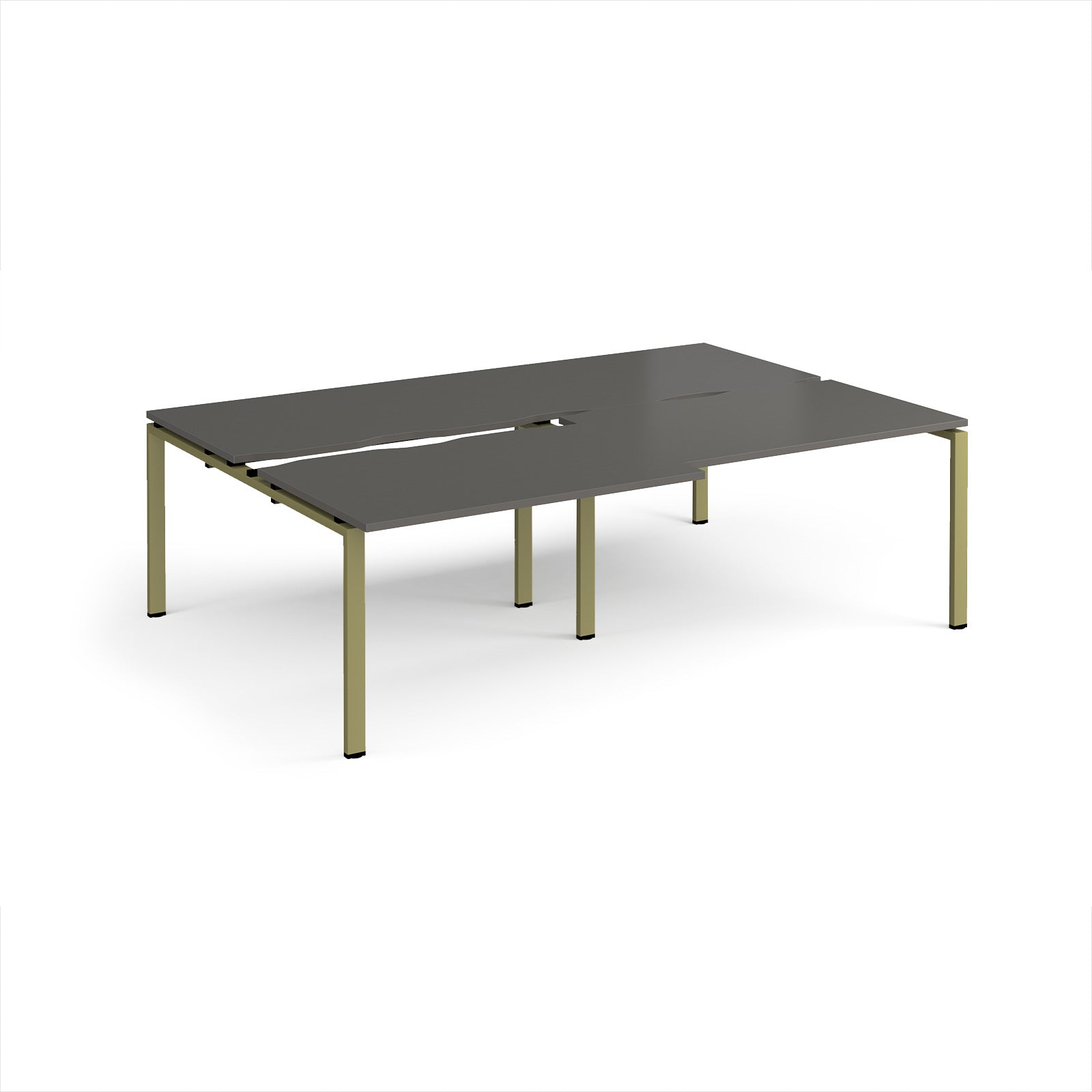 Large modular bench desk with a grey worktop, integrated cable access cut-outs, and green metal legs, shown on a white background.