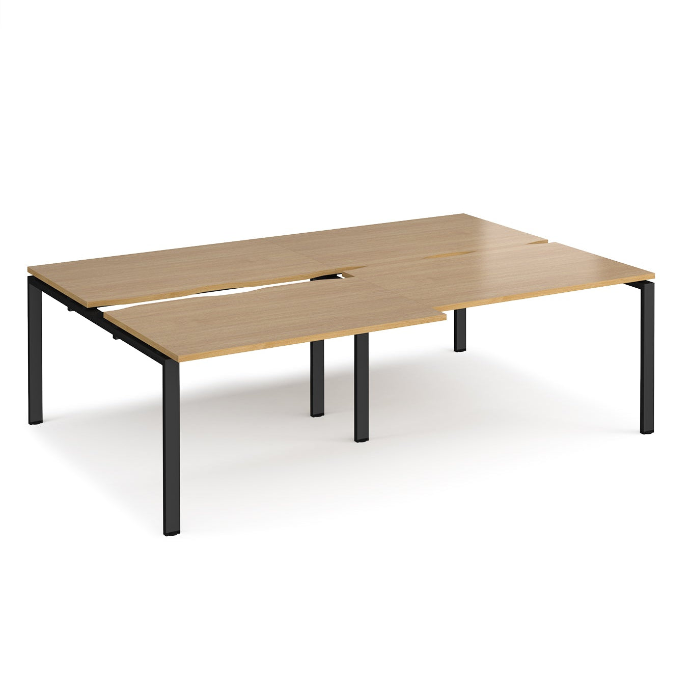 Large modular bench desk with a light oak wood-effect top, integrated cable access cut-outs, and black metal legs, shown on a white background.