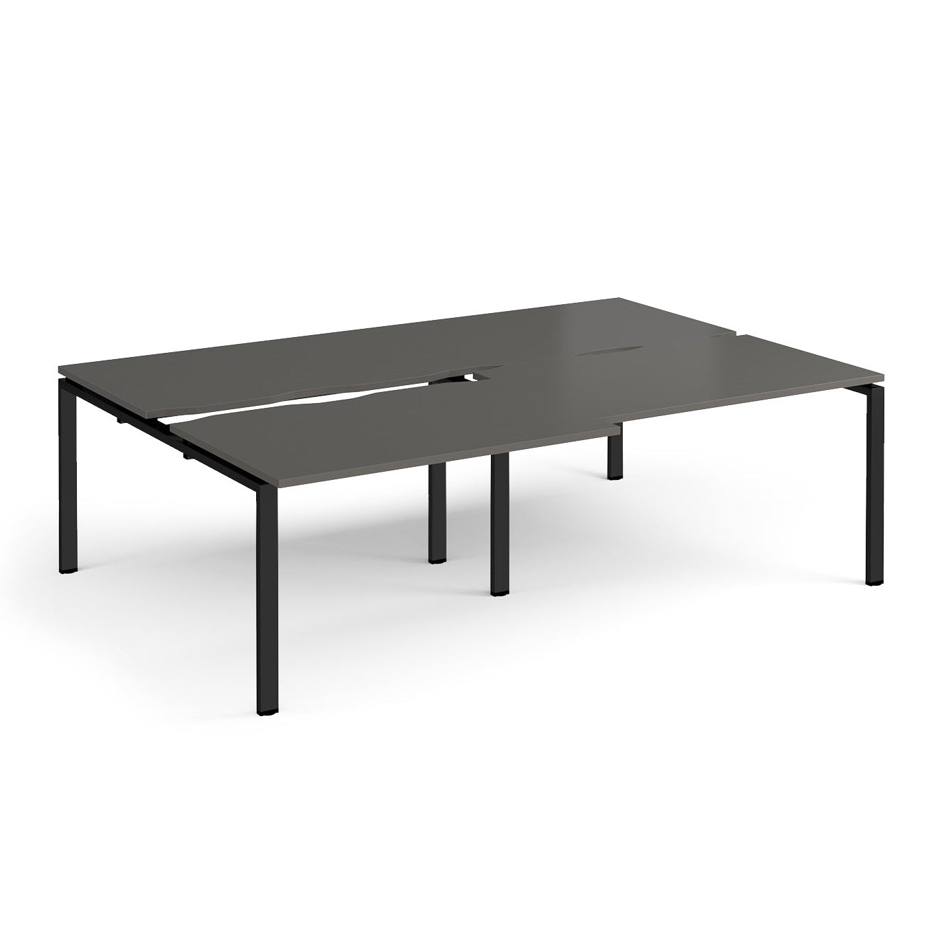 Large modular bench desk with a grey worktop, integrated cable access cut-outs, and black metal legs, shown on a white background.