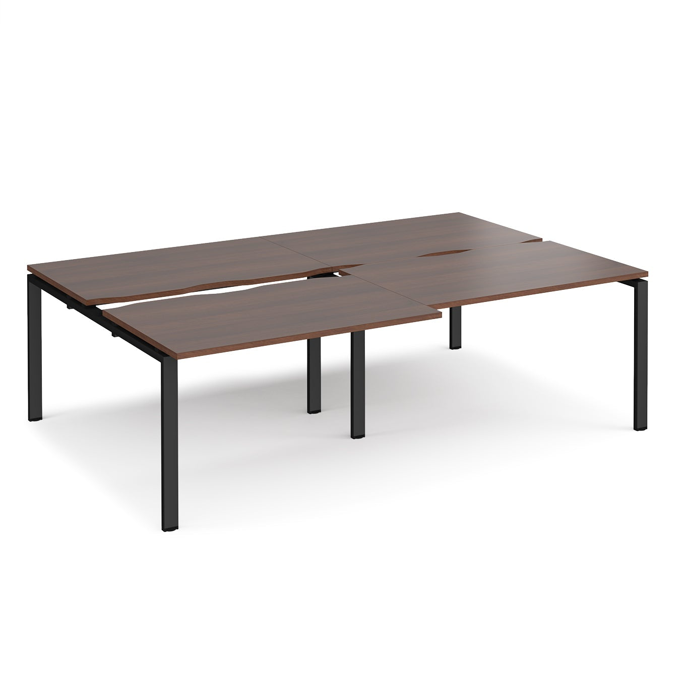 Large modular bench desk with a dark wood-effect top, integrated cable access cut-outs, and black metal legs, shown on a white background.