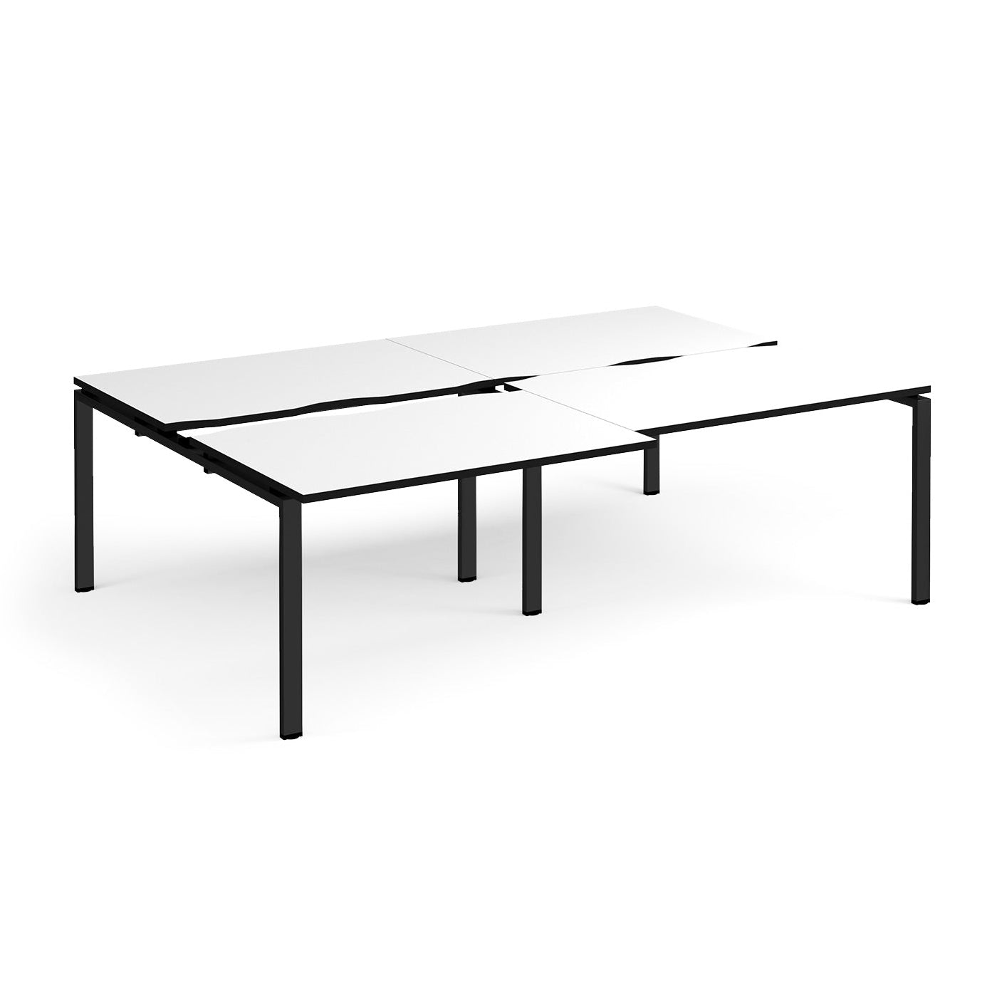 Large modular bench desk with a white worktop, contrasting black edge detail, integrated cable access cut-outs, and black metal legs, shown on a white background.
