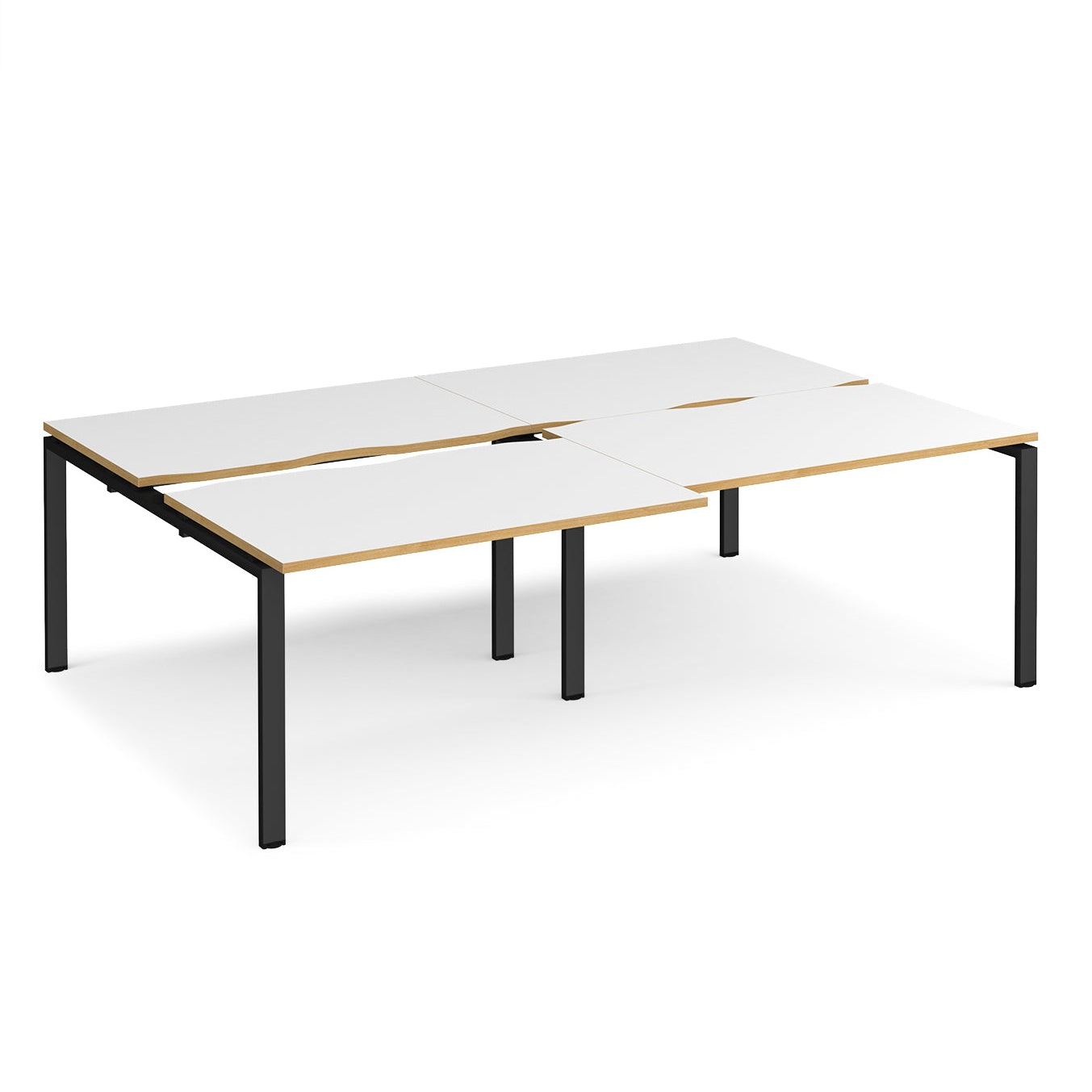 Large modular bench desk with white panels and wood-effect edging, integrated cable access cut-outs, and black metal legs, shown on a white background.