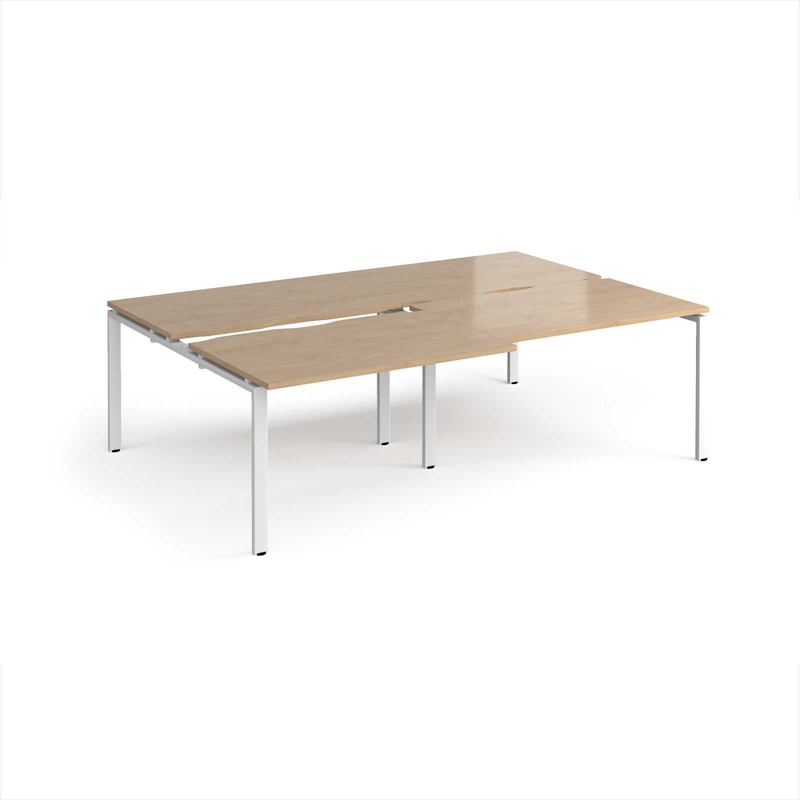 Large modular conference table with a light wood-effect top, integrated cable cut-outs, and white metal legs, shown on a white background.