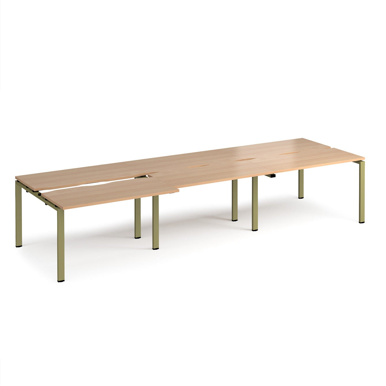 Large modular bench desk with a light wood-effect top, integrated cable access cut-outs, and green metal legs, shown on a white background.