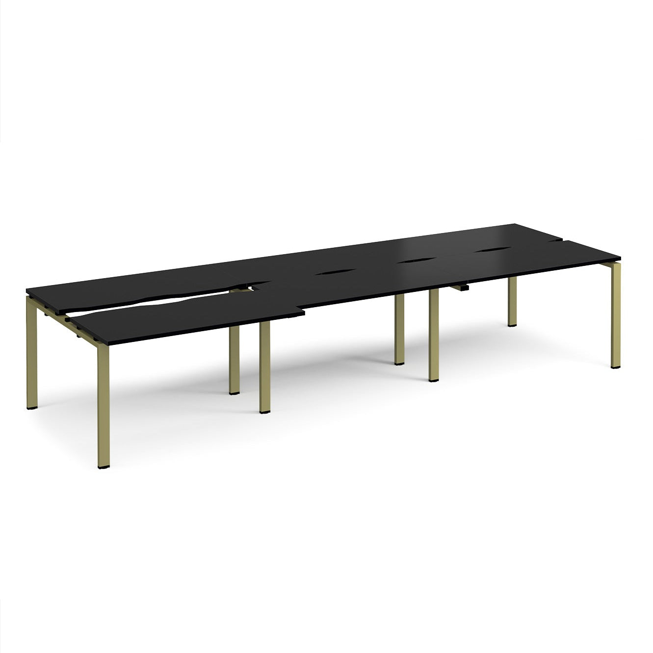 Large modular bench desk with a black worktop, integrated cable access cut-outs, and green metal legs, shown on a white background.