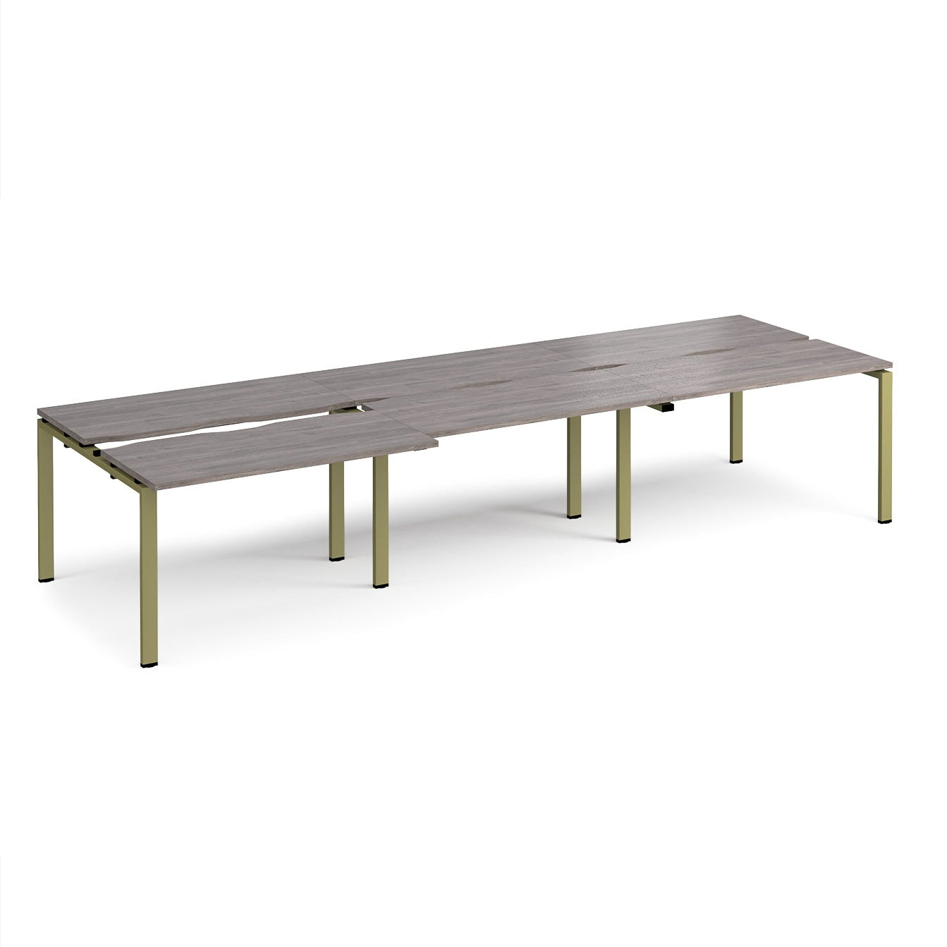 Large modular bench desk with a grey wood-effect top, integrated cable access slots, and green metal legs, shown on a white background.