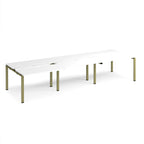 Large modular bench desk with a white worktop, integrated cable access cut-outs, and green metal legs, shown on a white background.
