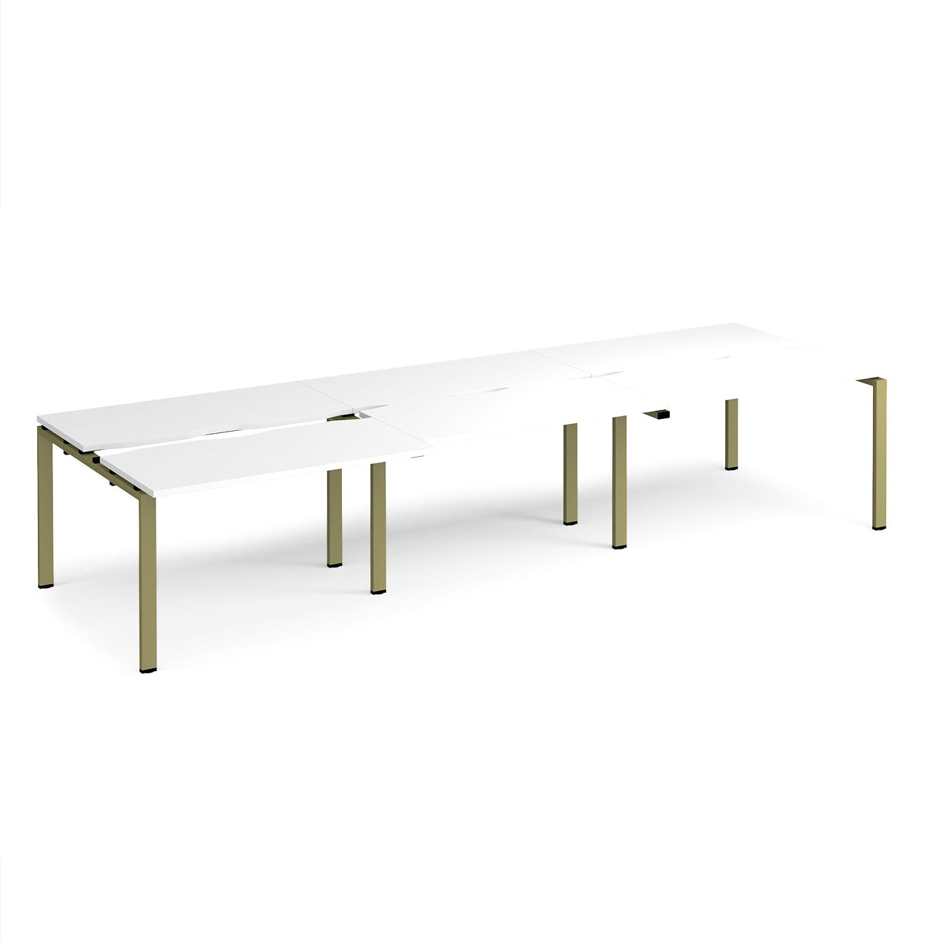 Large modular bench desk with a white worktop, integrated cable access cut-outs, and green metal legs, shown on a white background.