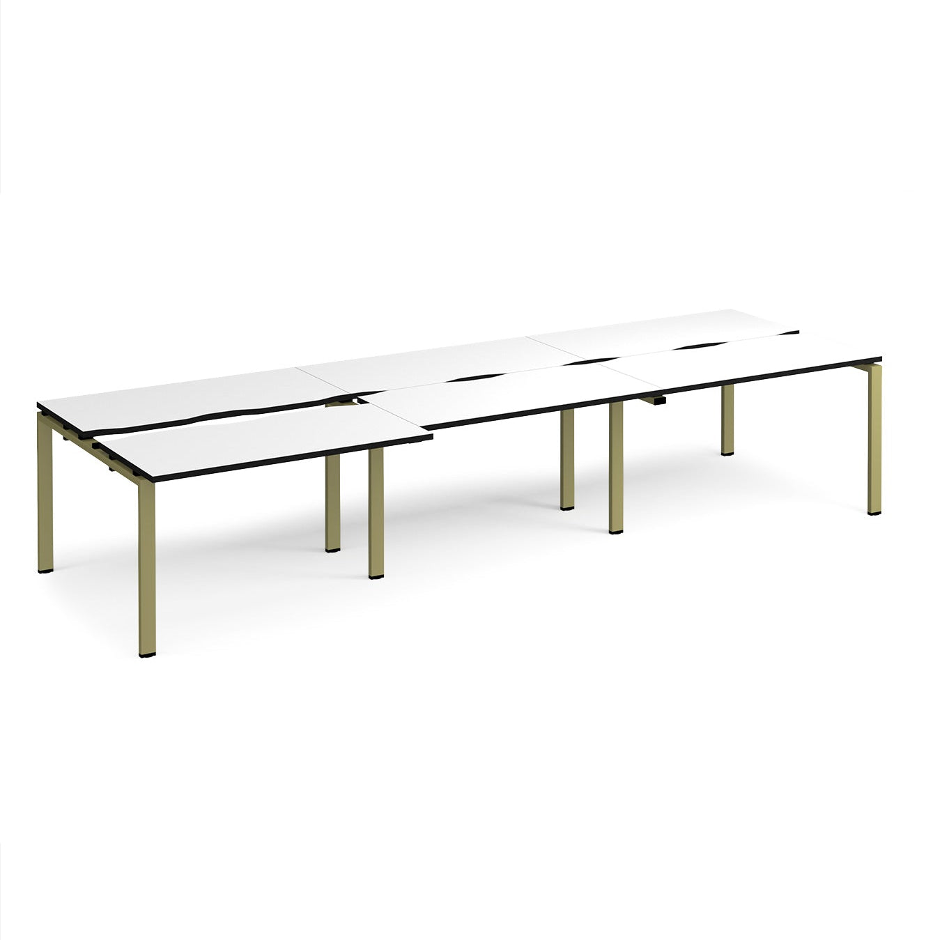 Large modular bench desk with a white worktop, contrasting black edge detail, integrated cable access cut-outs, and green metal legs, shown on a white background.