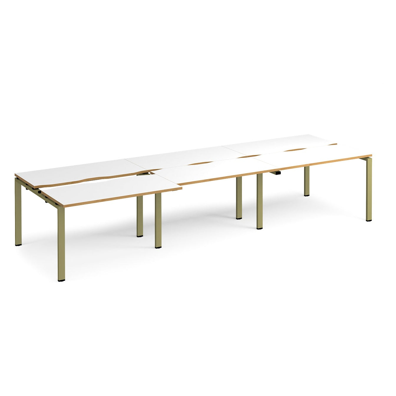 Large modular bench desk with white panels and wood-effect edging, integrated cable access cut-outs, and green metal legs, shown on a white background.
