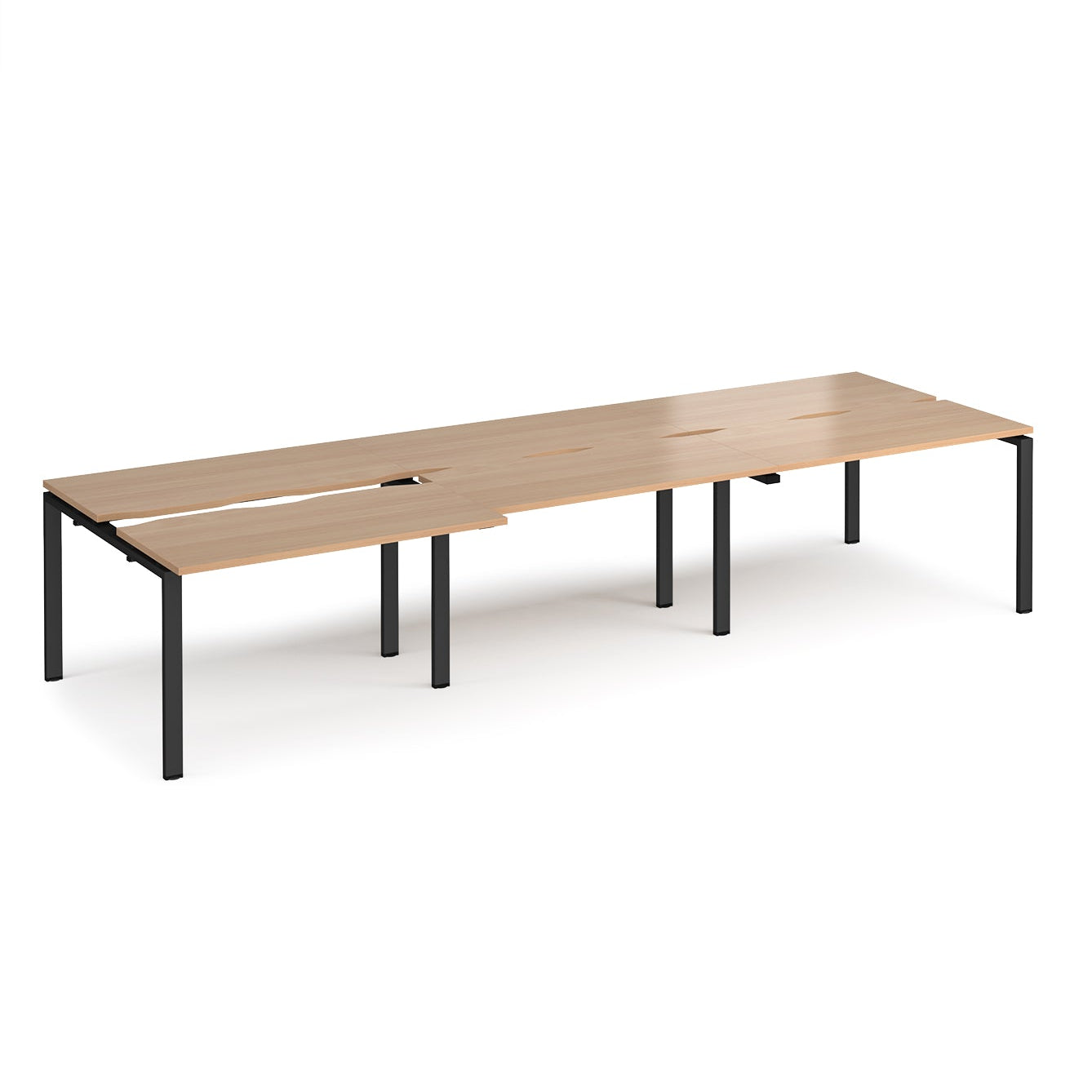 Large modular bench desk with a light wood-effect top, integrated cable access cut-outs, and black metal legs, shown on a white background.
