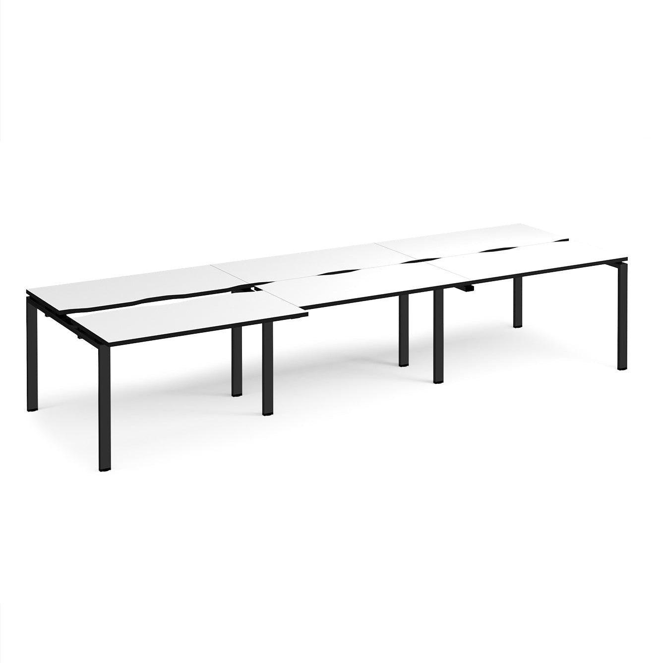 Large modular bench desk with a white worktop, contrasting black edge detail, integrated cable access cut-outs, and black metal legs, shown on a white background.