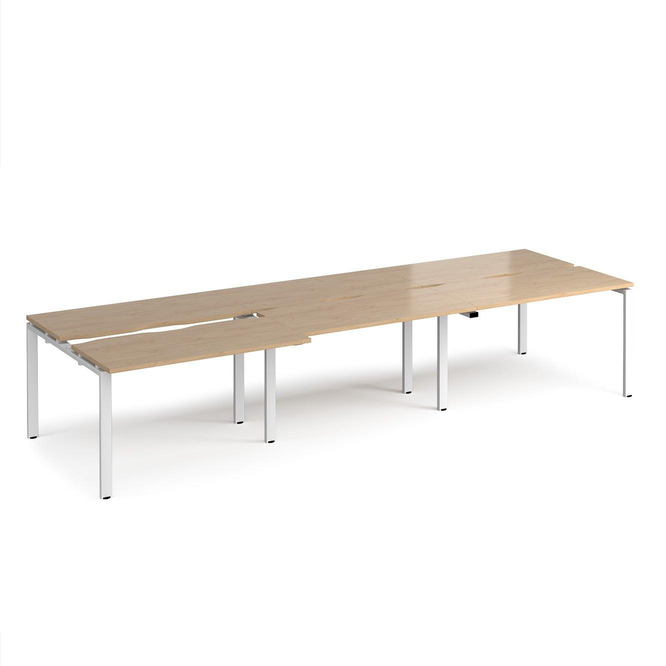 Large modular bench desk with a light oak wood-effect top, integrated cable access cut-outs, and silver metal legs, shown on a white background.