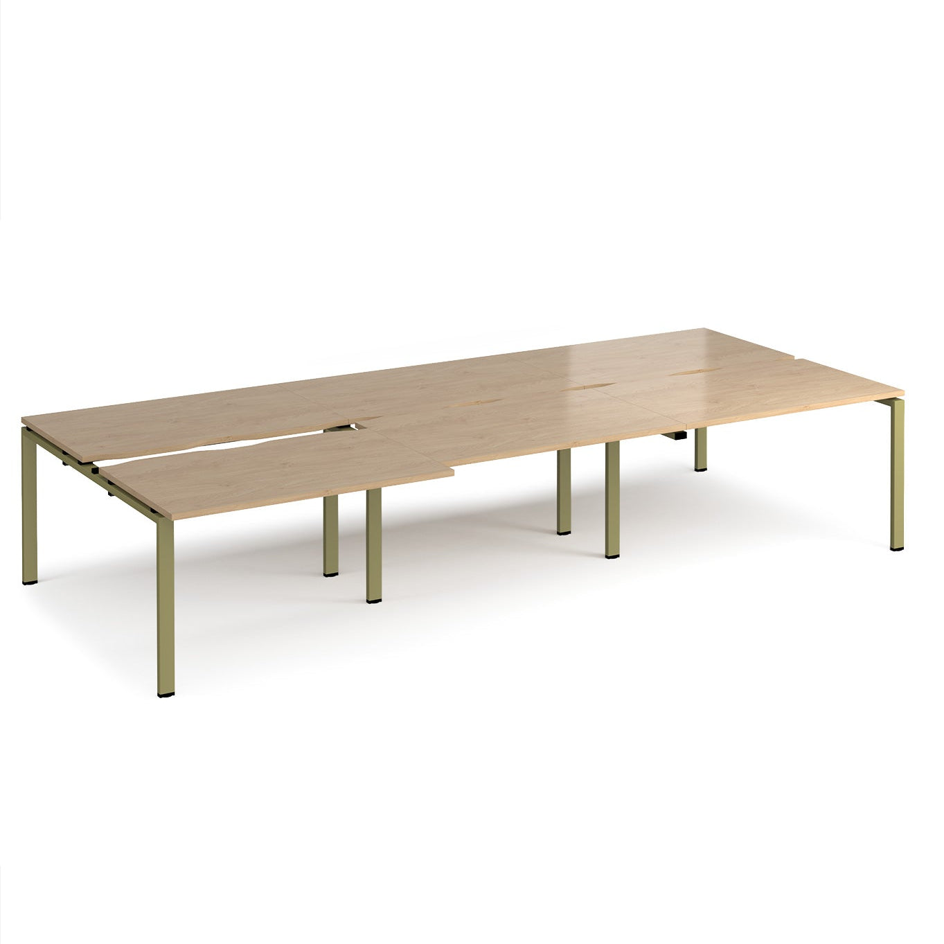 Large modular bench desk with a light oak wood-effect top, integrated cable access cut-outs, and green metal legs, shown on a white background.