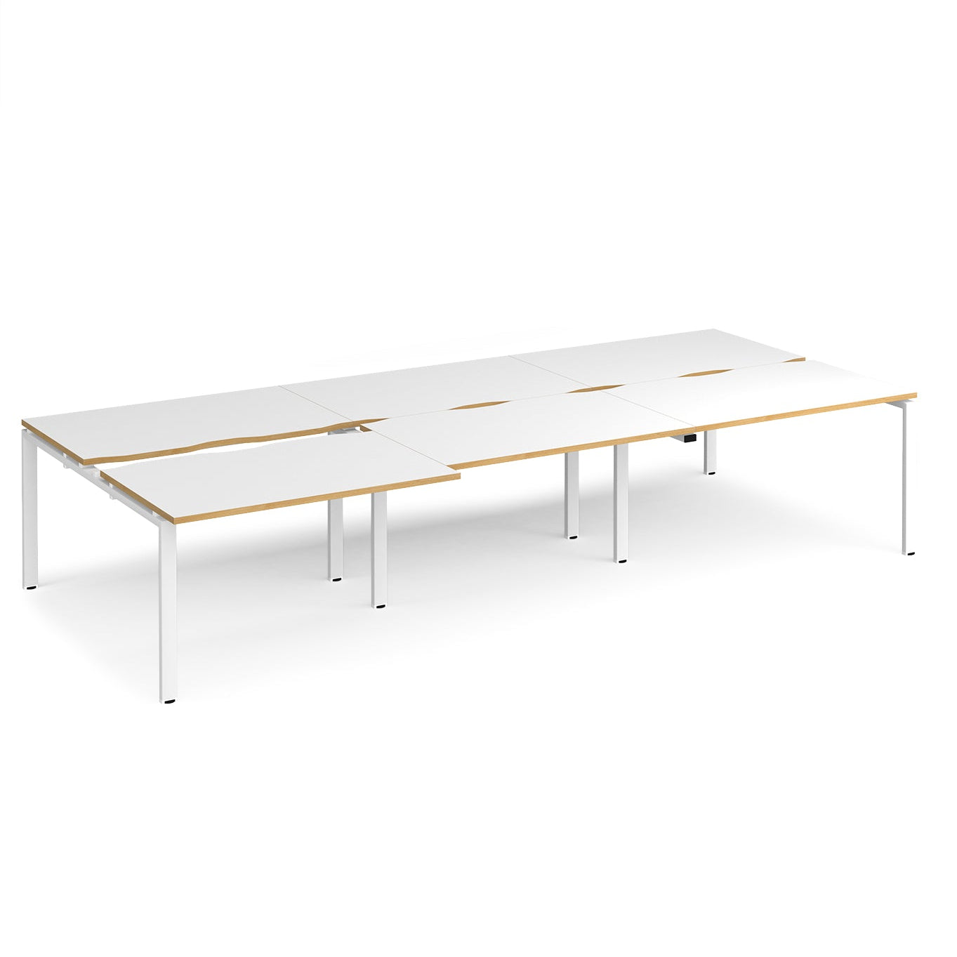 Large modular bench desk with white panels and wood-effect edging, integrated cable access cut-outs, and white metal legs, shown on a white background.