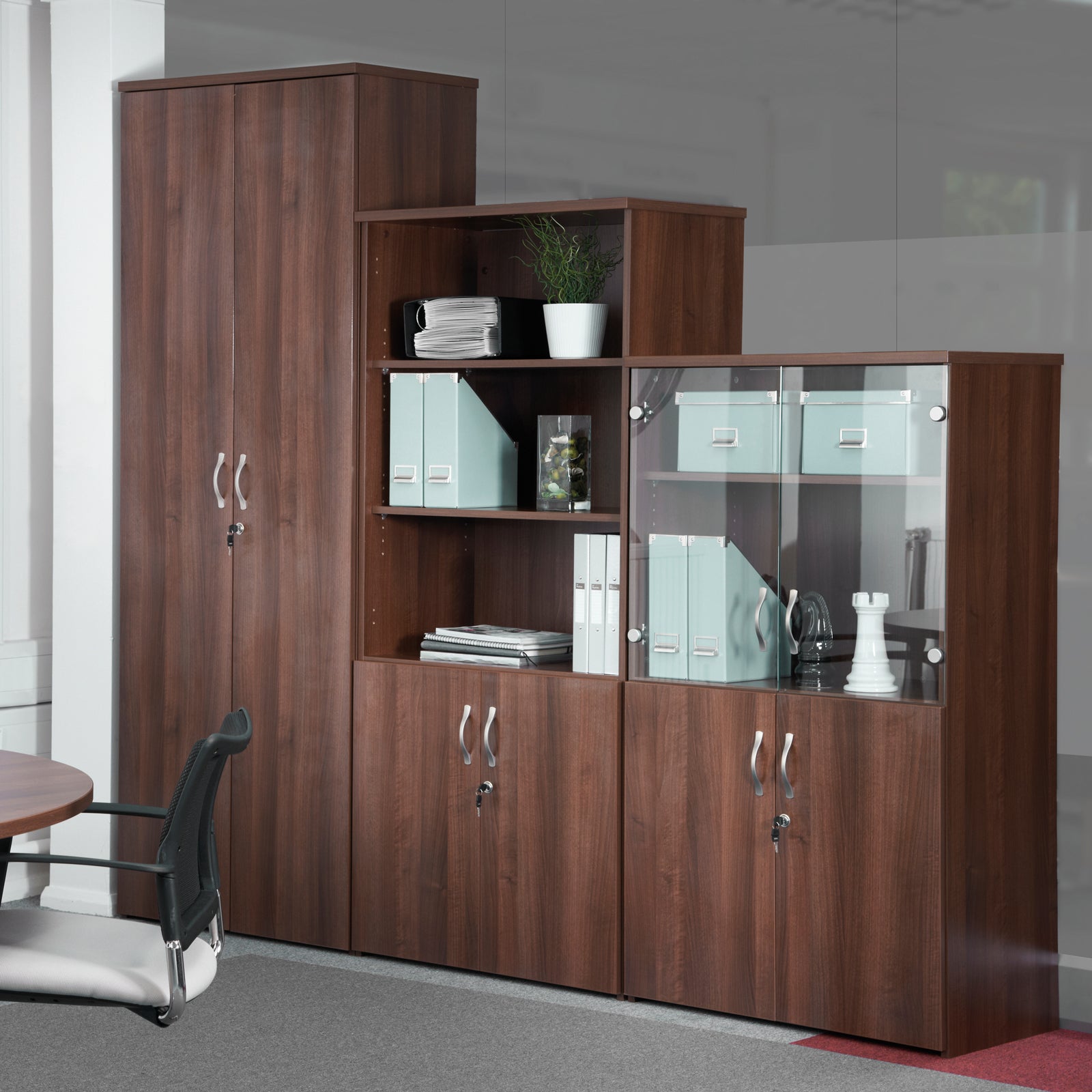 Wooden office cabinet with shelves and doors in an office setting