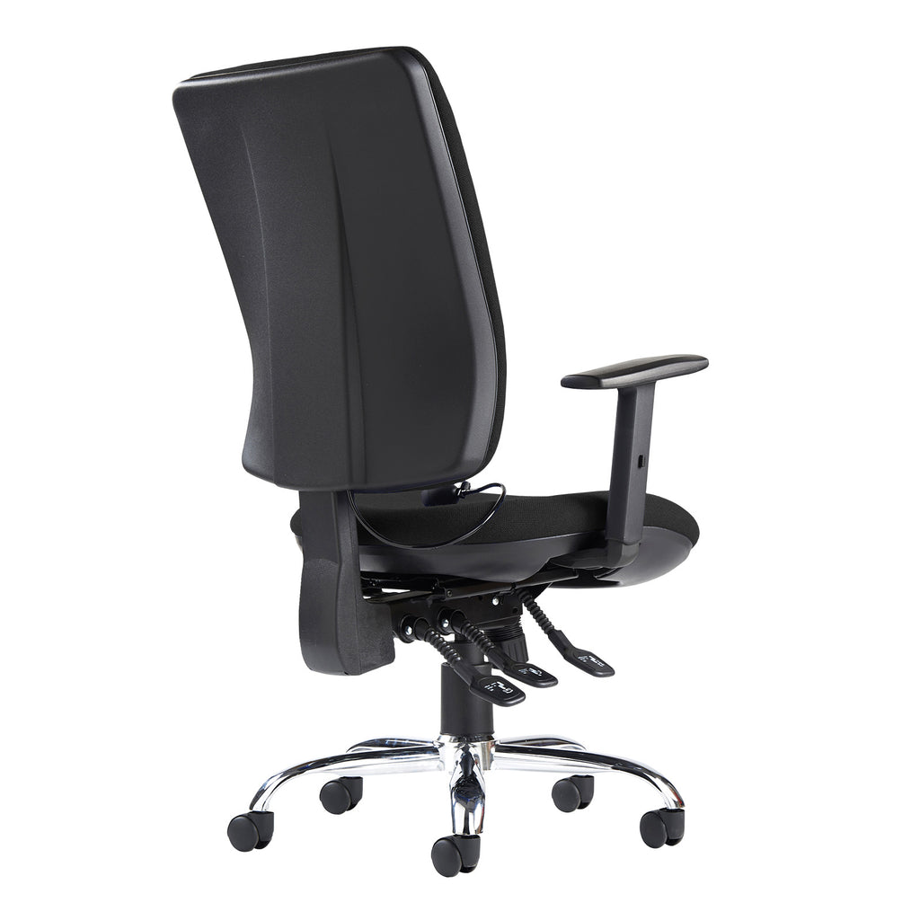 Black office chair with adjustable armrests on a white background
