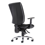 Black office chair with adjustable armrests on a white background