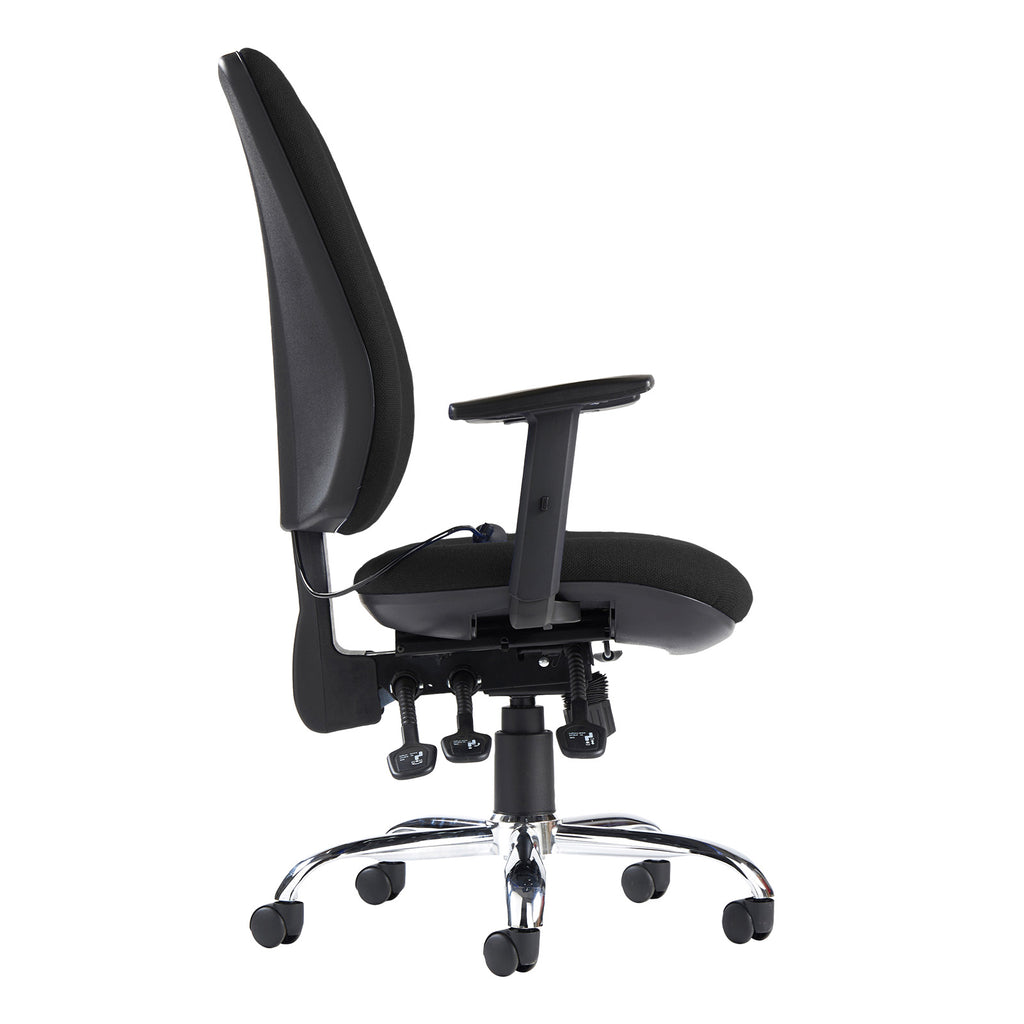 Black office chair with adjustable armrests on a white background