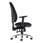 Black office chair with adjustable armrests on a white background