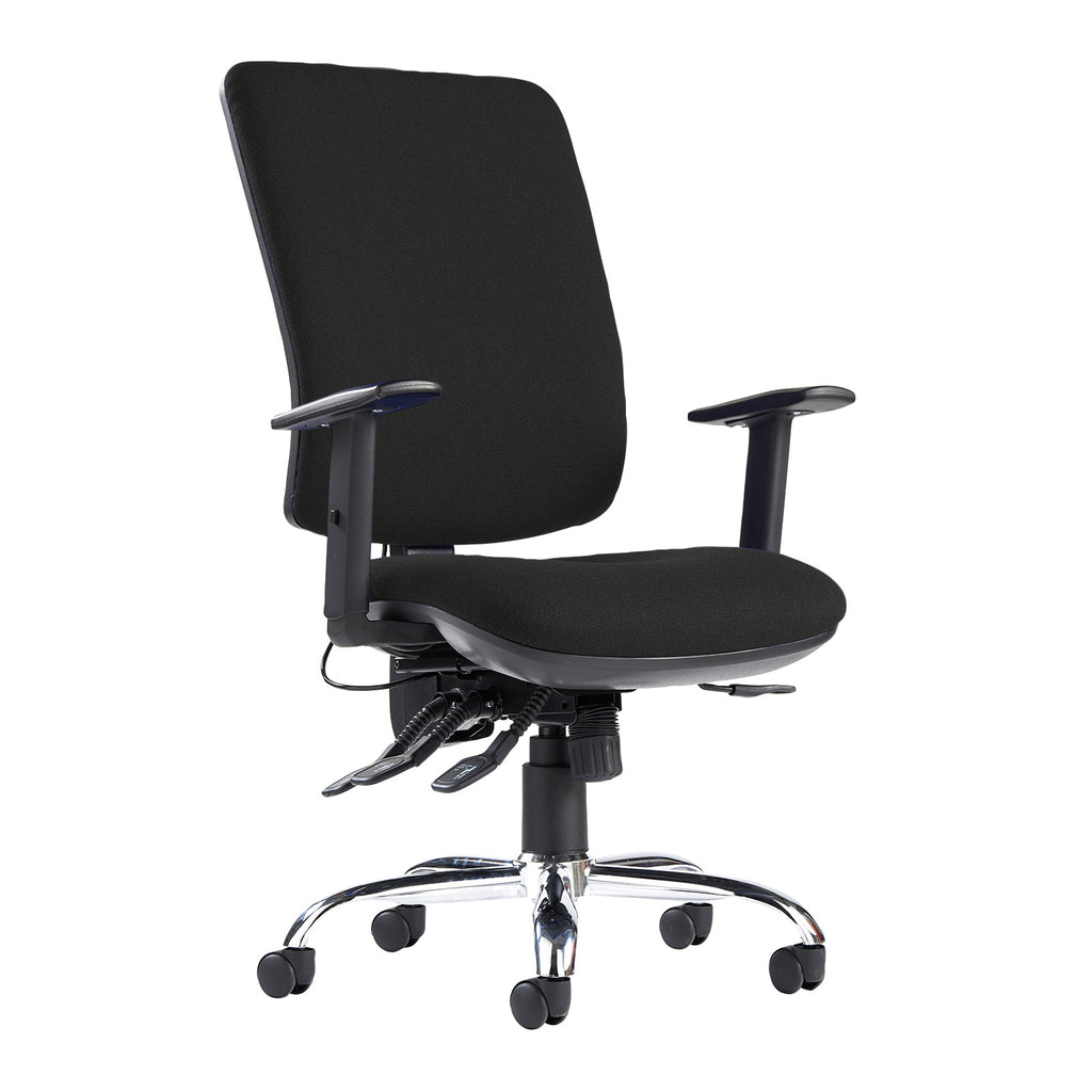 Black office chair with adjustable arms on a white background
