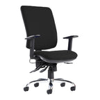 Black office chair with adjustable arms on a white background
