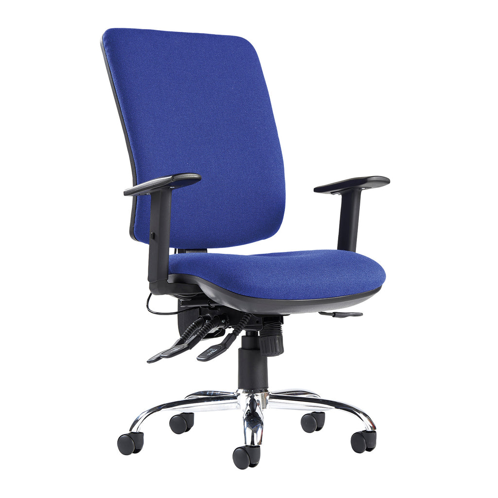 Blue office chair with black armrests and wheels on a white background