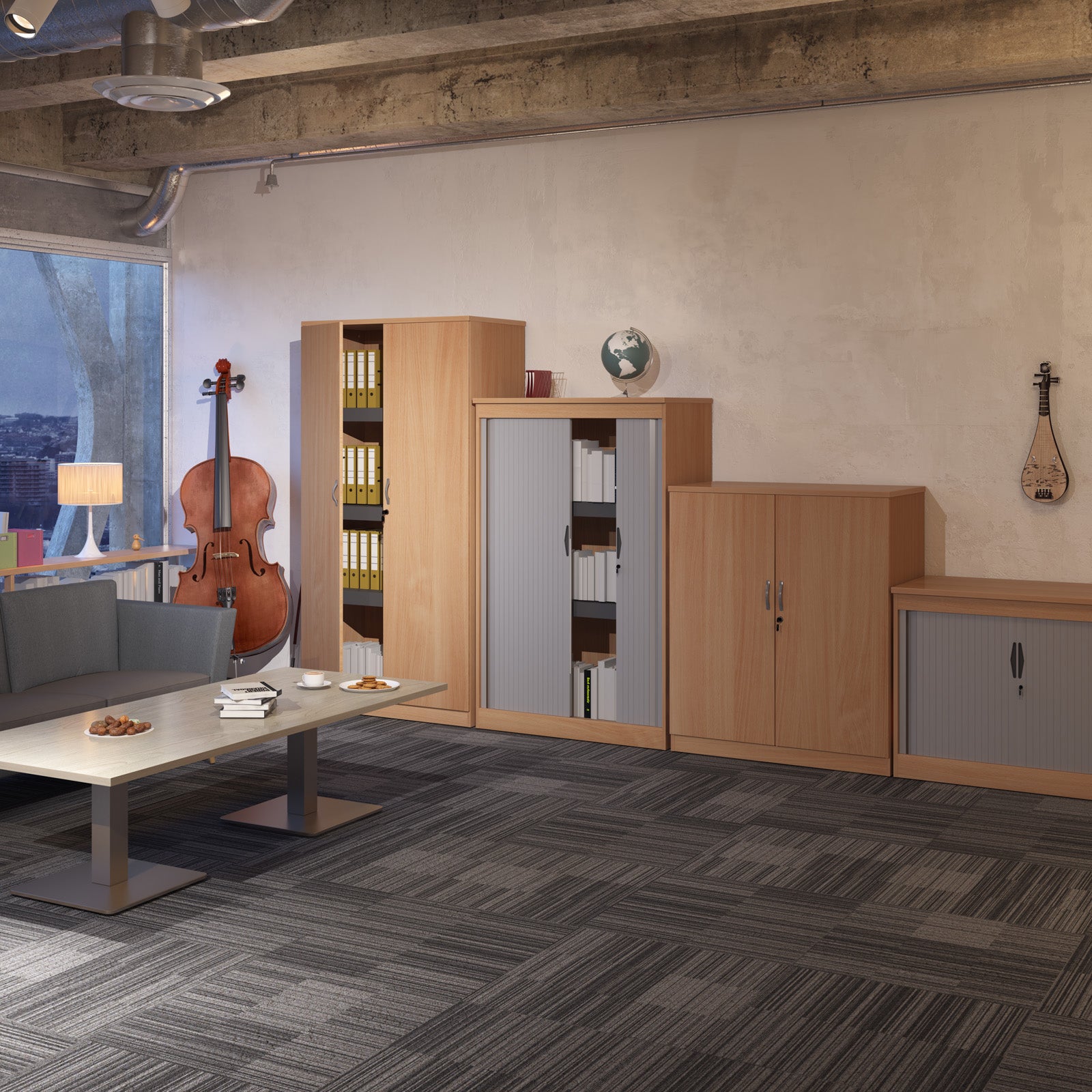 Modern office interior with wooden cabinets, a sofa, and decorative items.