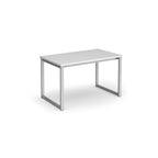 Rectangular white office table with a minimalist design and metal frame legs, suitable for meeting rooms or workspaces, shown on a white background.