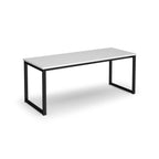 Rectangular white office table with a minimalist design and metal frame legs, suitable for meeting rooms or workspaces, shown on a white background.