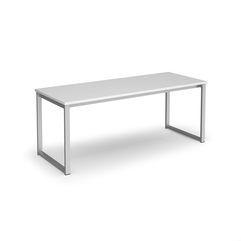Rectangular white office table with a minimalist design and metal frame legs, suitable for meeting rooms or workspaces, shown on a white background.