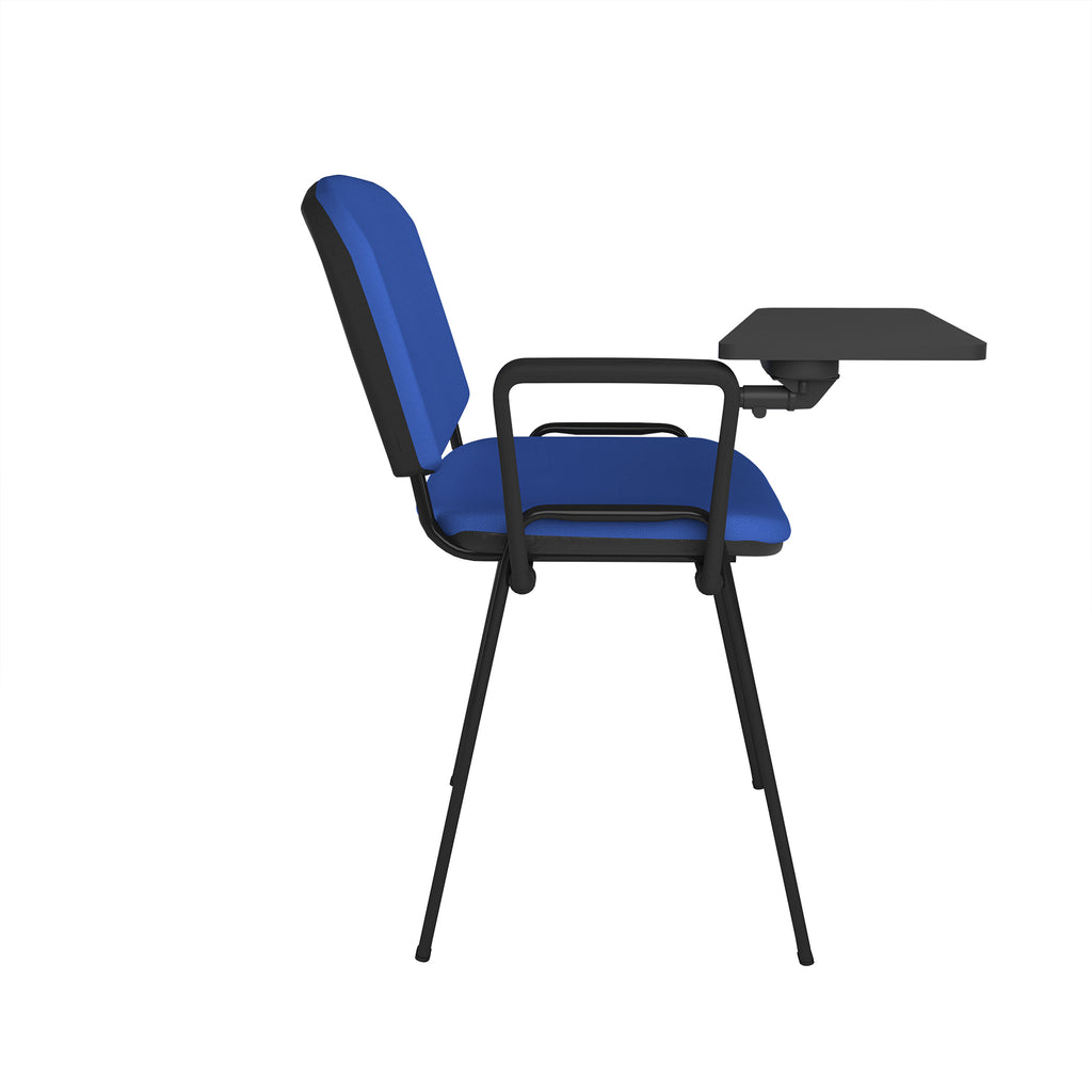 Blue chair with a black tray on a white background