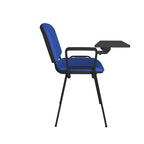 Blue chair with a black tray on a white background