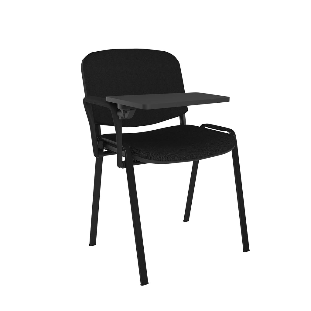 Black chair with a built-in writing tablet on a white background