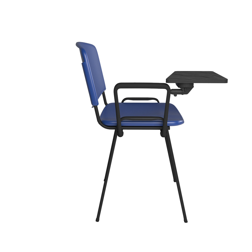 Blue chair with a black stand and attached writing tablet on a white background