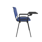 Blue chair with a black stand and attached writing tablet on a white background